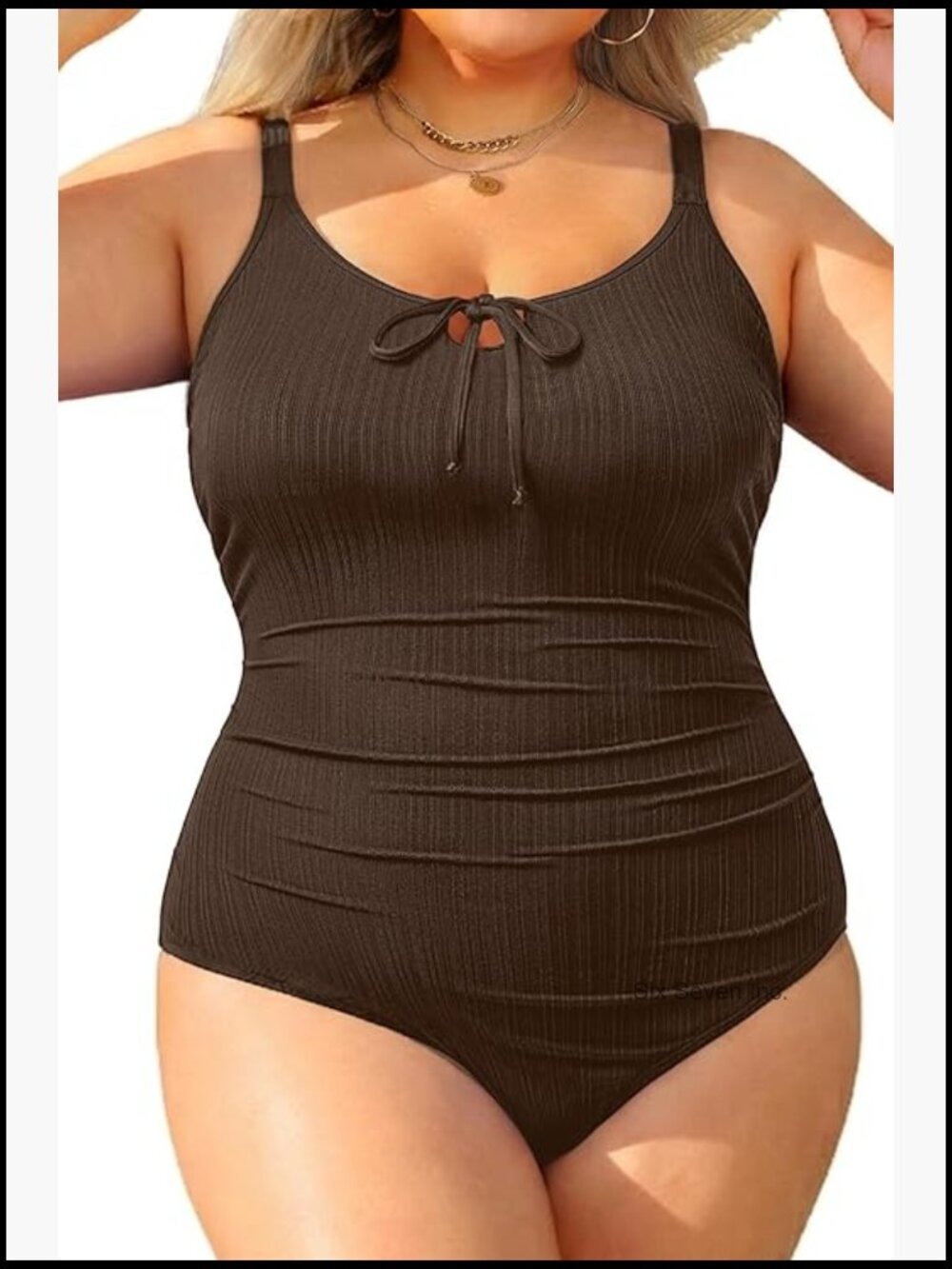 Plus Size One Piece Swimsuit Tummy Control Ribbed Bathing Suit Tie Front Cutout